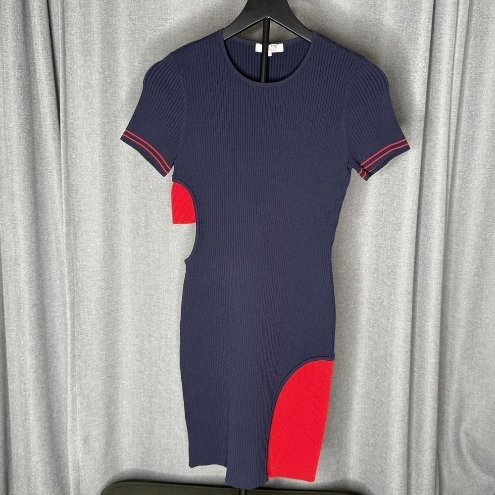 Parker Ribbed Knit Mini Dress Navy Blue Red Cutout Colorblock Short Sleeve Small